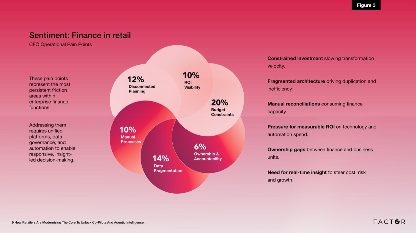 Figure 3: CFO operational pain points, led by budget constraints (20%) and data fragmentation (14%).